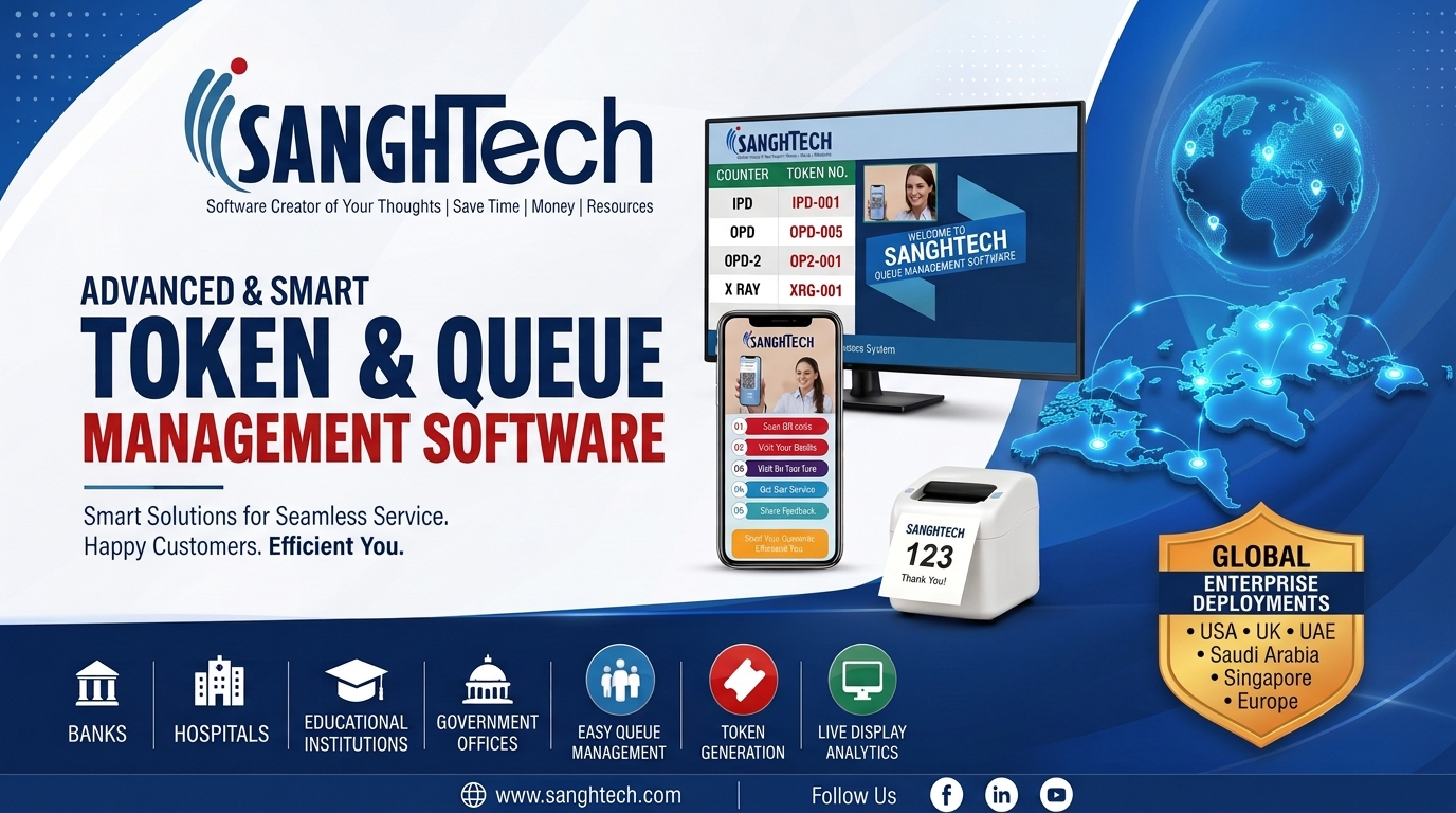 Best Token and Queue Management Software Provider in Worldwide - Sanghtech Kiosk, Smart TV Display, QR Mobile Booking & Thermal Dispenser