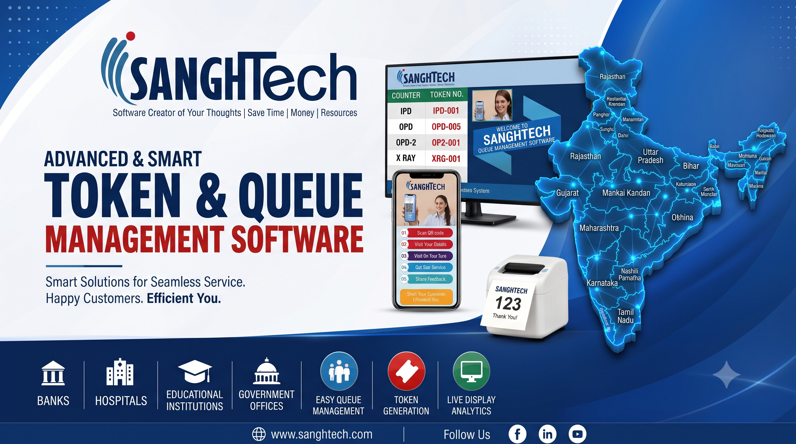 Best Token and Queue Management Software in Ajmer - Sanghtech Kiosk, Smart TV Display, QR Mobile Booking & Thermal Dispenser