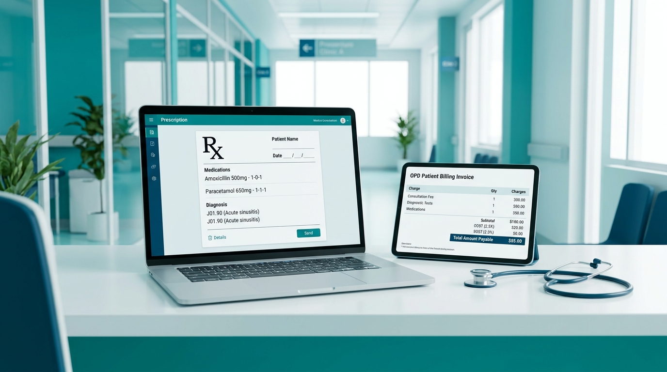 Doctor Digital Prescription and OPD Patient Billing Interface on Laptop and Tablet