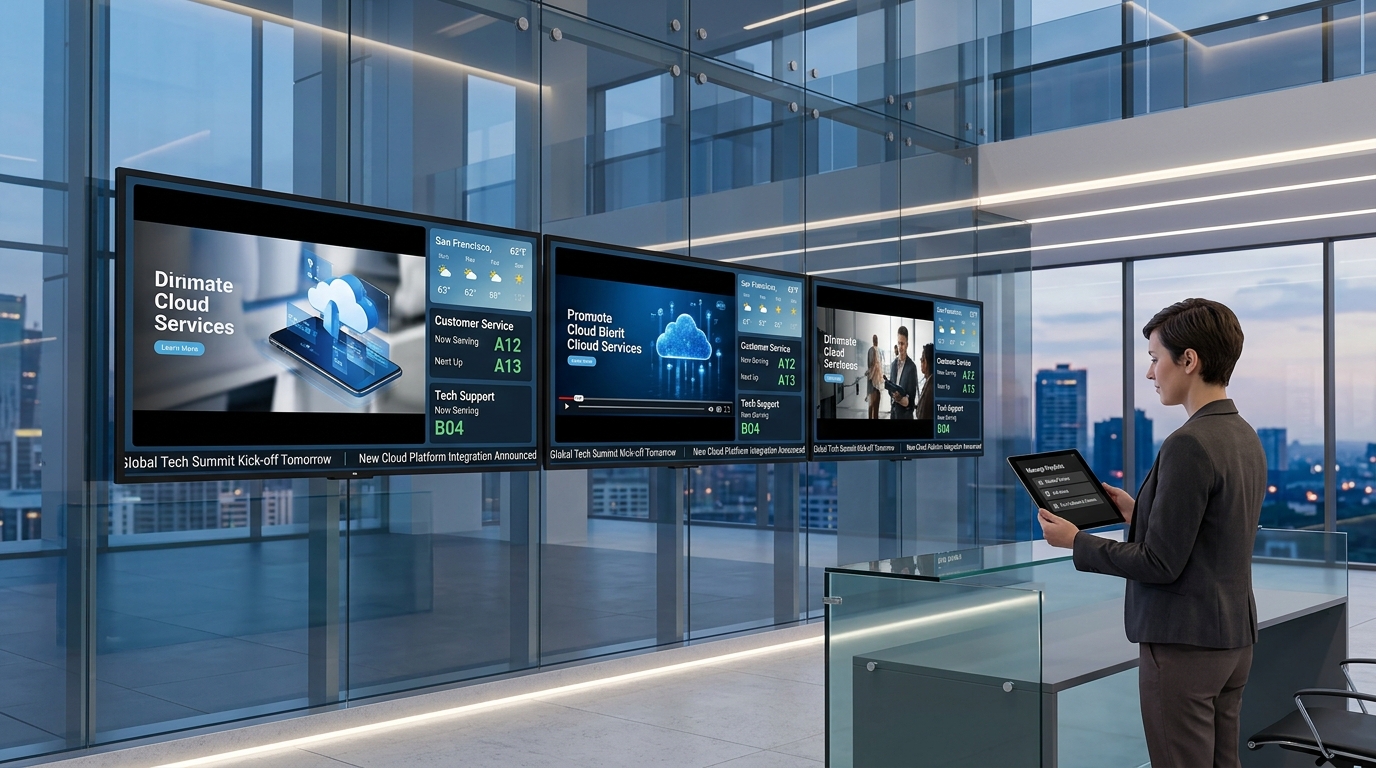 Cloud Digital Signage Software Multi-Screen Layout on Android TV Wall in Corporate Lobby
