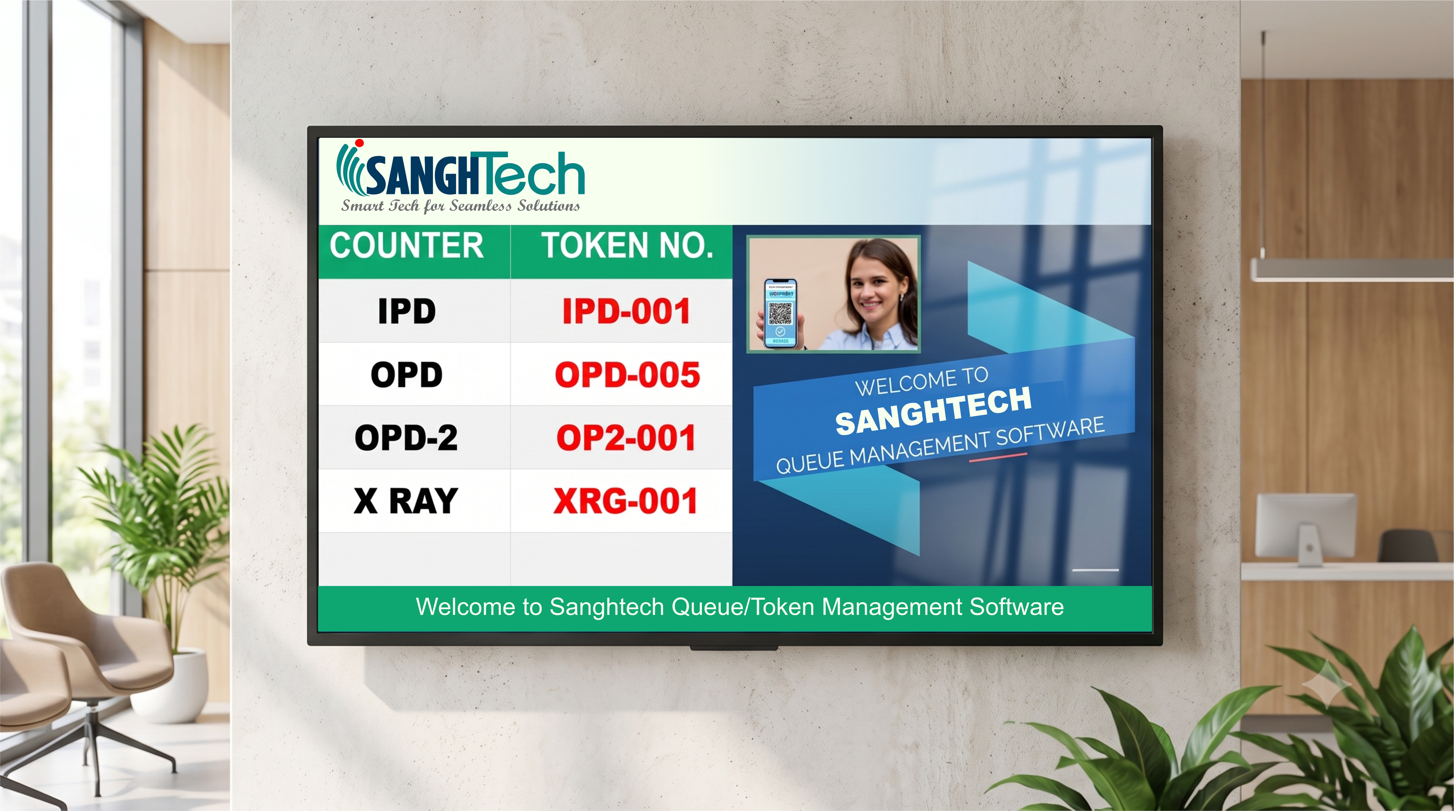 SanghTech Token and Queue Management System Dashboard and Counter Display
