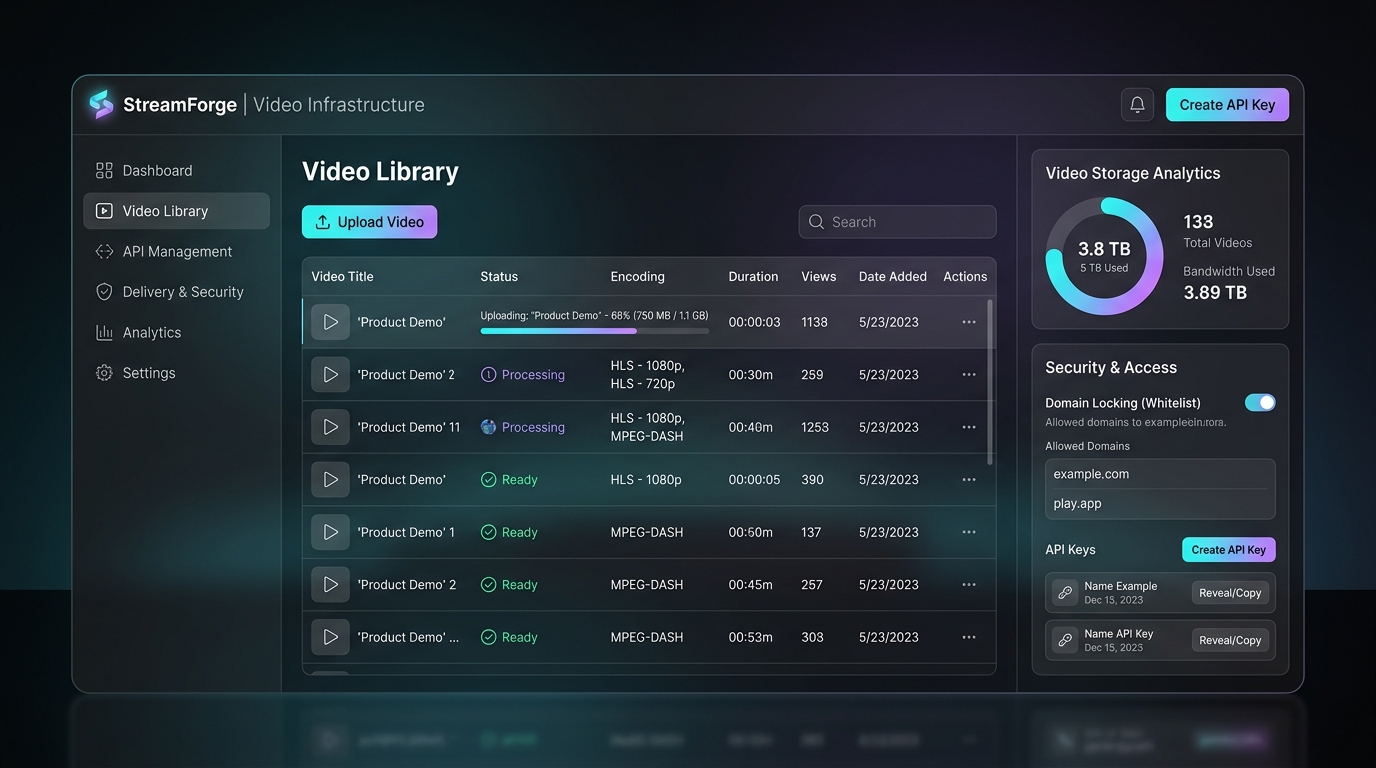 Developer Video Infrastructure API Dashboard with HLS Adaptive Bitrate Encoding