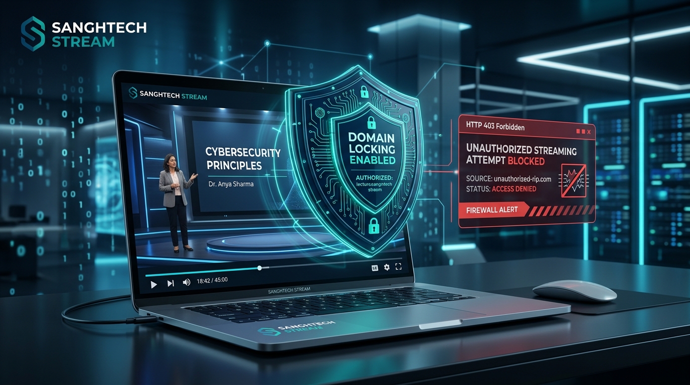 SanghTech Stream Domain Locking Shield Blocking Unauthorized Video Embed on Laptop