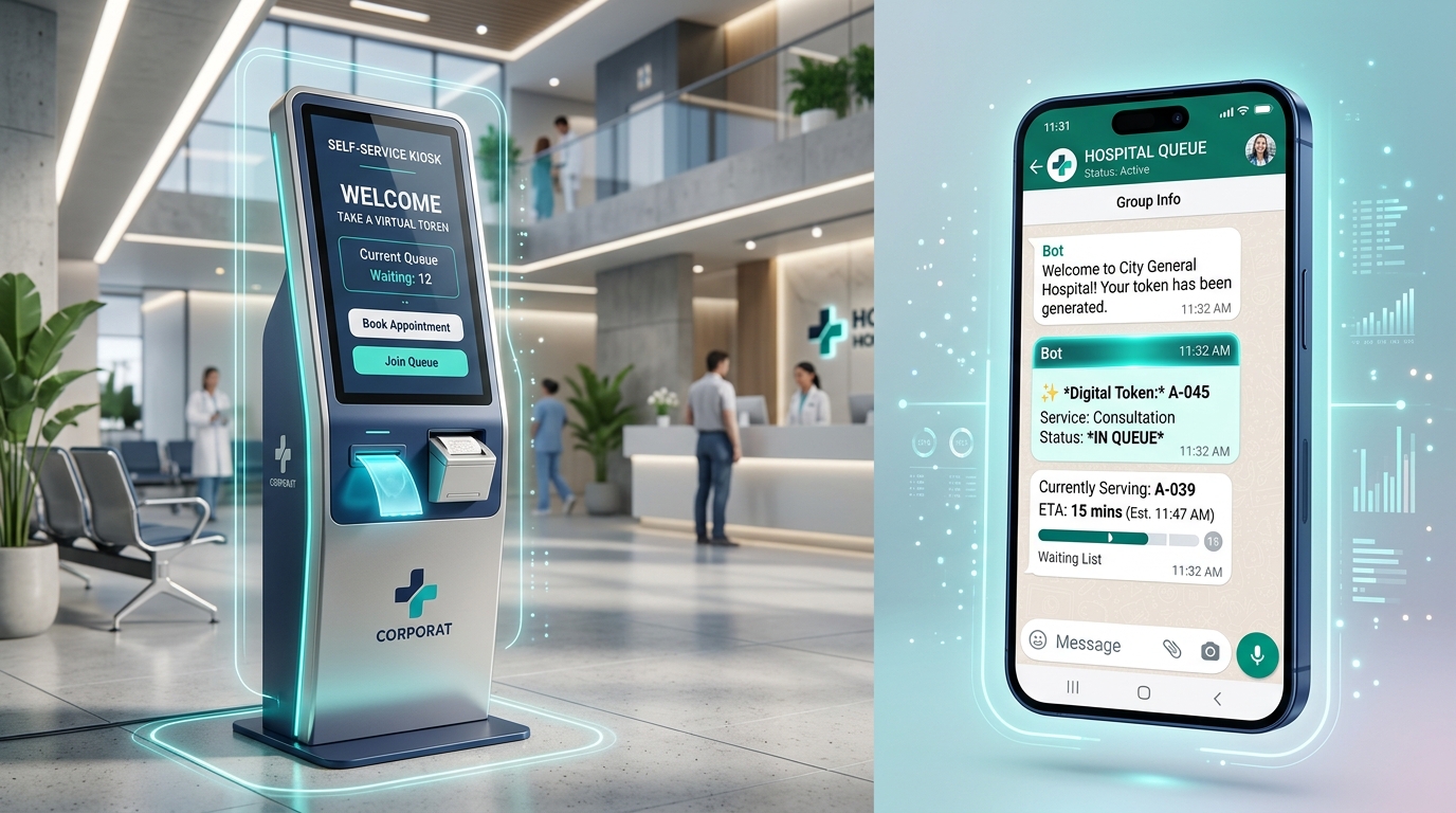 Touchscreen Self-Service Token Kiosk and WhatsApp Mobile Queue Notification Interface