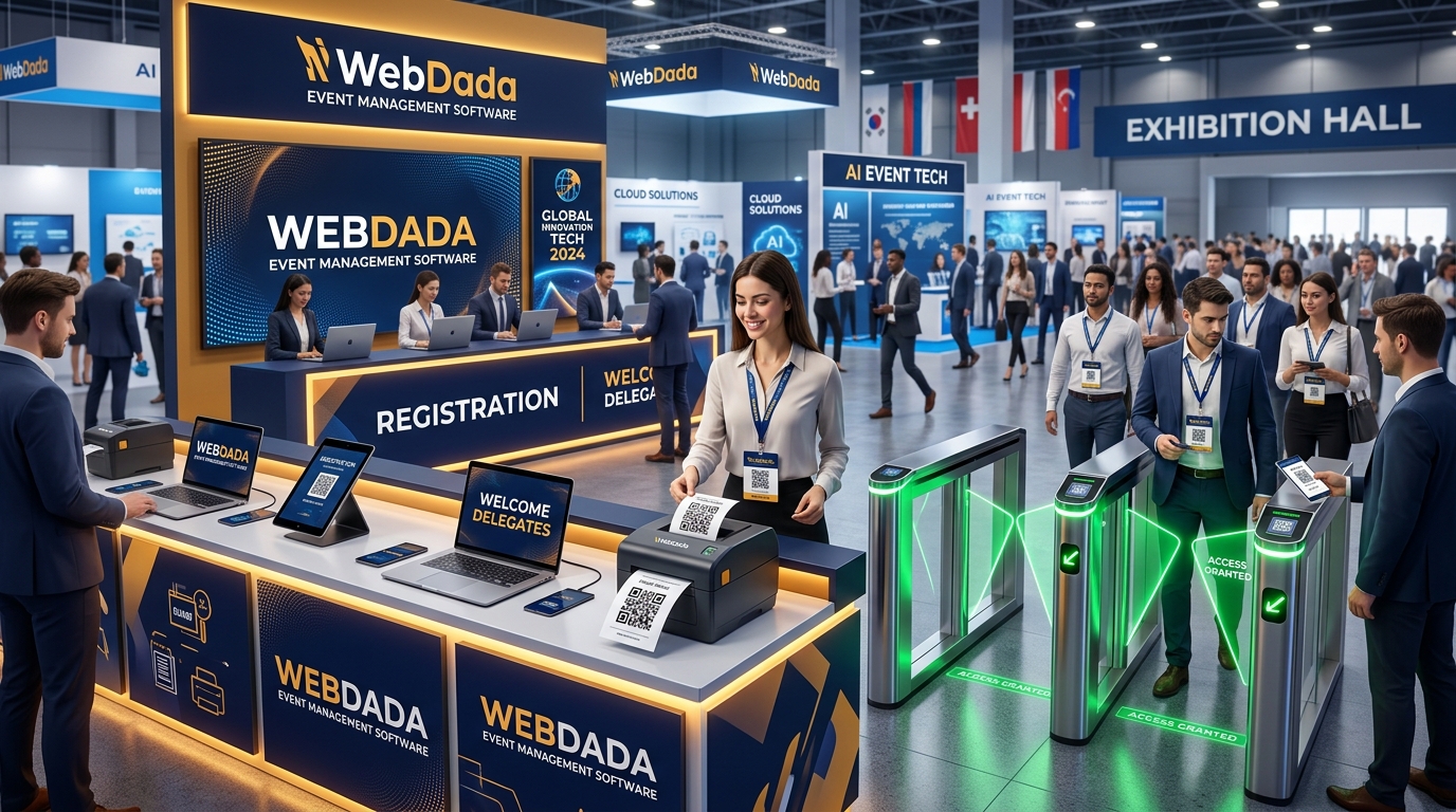 WebDada Event Management Software Registration Desk with Thermal Badge Printer and Turnstiles
